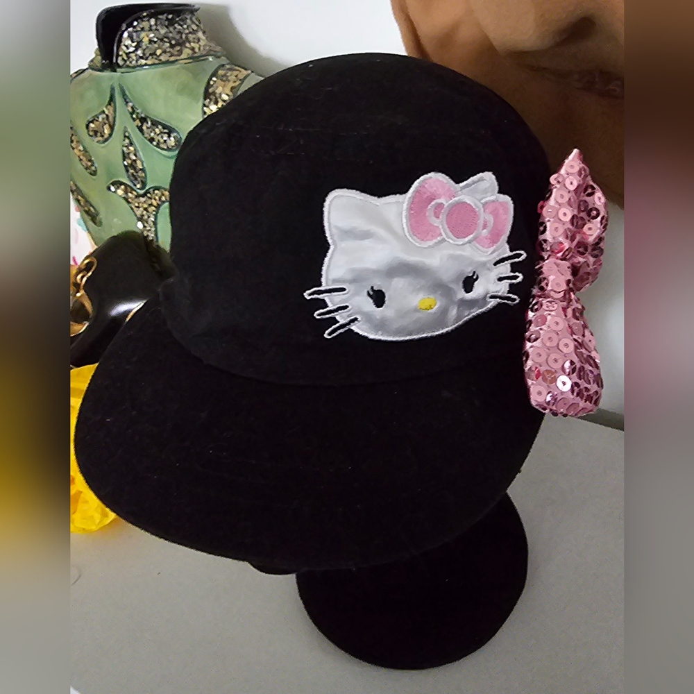 Black Cap with Hello Kitty Design and Sequin Pink Bow